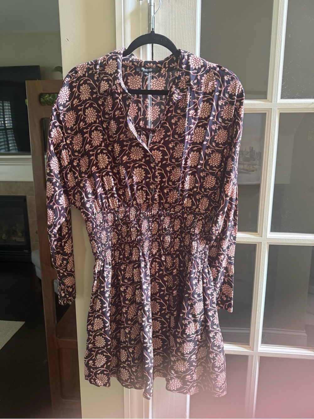 Madewell Black and Blush Floral Long-Sleeve Smocked Waist Dress